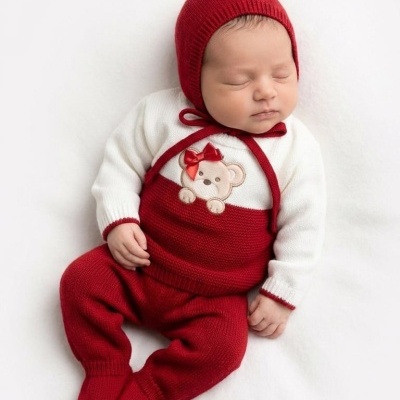 Bebé vestido com roupa vermelha e branca em malha com urso bordado e gorro