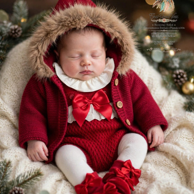 Bebé vestido com roupa vermelha de malha com capuz peludo castanho e laços vermelhos, sentado em manta branca com decoração natalícia ao fundo.