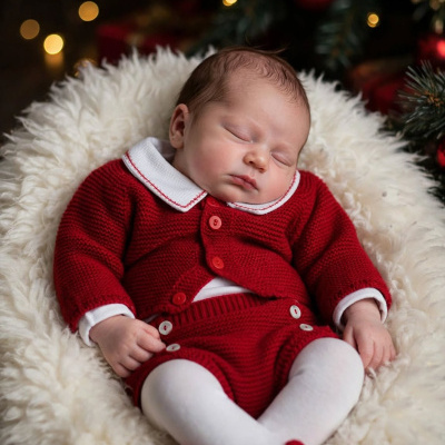 Bebé vestido de vermelho em almofada branca com luzes de Natal ao fundo