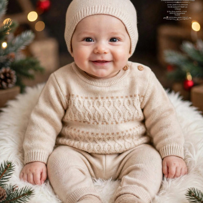 Bebé com roupa de malha castanha clara sentado em ambiente natalício iluminado