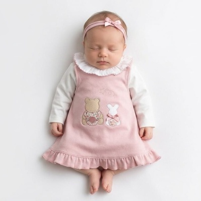 Bebé a usar vestido rosa com ursinho e coelhinho e faixa de cabelo rosa