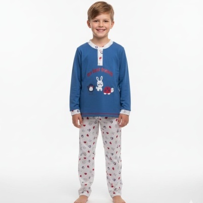 Pijama infantil azul com estampa my best friends e calças brancas estampadas