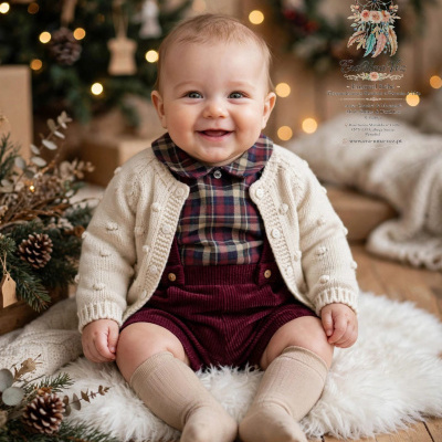 Bebé sorridente com roupa de inverno em ambiente natalício