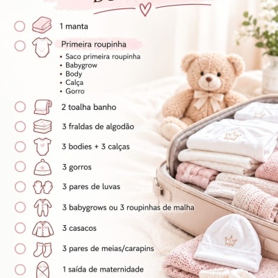 Lista para mala maternidade com mala aberta contendo roupa de bebé branca e rosa e urso de peluche castanho