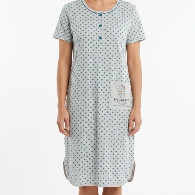 Camisola cinzenta com bolinhas azuis e bolso frontal com desenho e texto