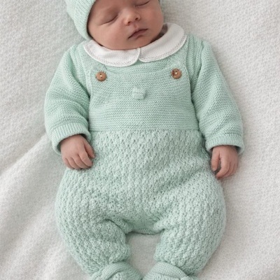 Bebé vestido com conjunto de malha azul-pastel e gorro, deitado sobre cobertor branco.