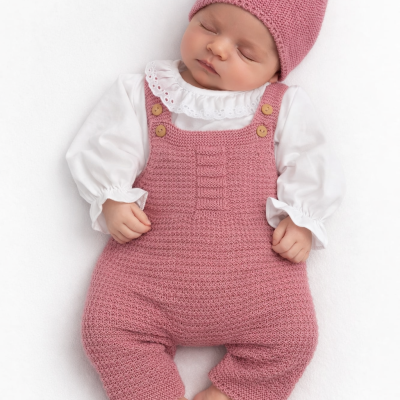 Bebé a dormir com fato de malha cor-de-rosa e camisa branca