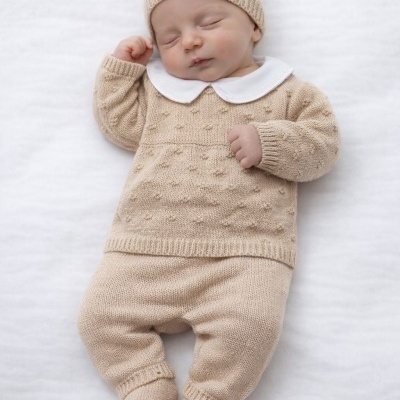 Bebé a dormir com conjunto de malha bege e gola branca