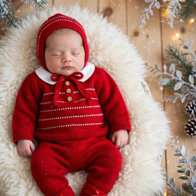Bebé dormindo com roupa vermelha de malha em almofada branca, decoração natalícia ao fundo.