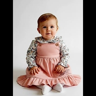 Bebé sentado de vestido rosa e camisa floral