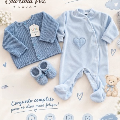 Conjunto de roupa para bebé azul claro com camisola de malha, sapatinhos e macacão de veludo em fundo claro.
