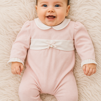 Bebé sorridente com fato cor-de-rosa e colarinho branco deitado em tapete felpudo branco