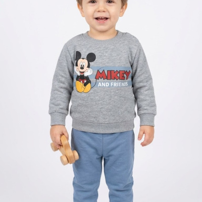 Criança com camisola cinzenta Mickey e calças azuis segurando brinquedo de madeira