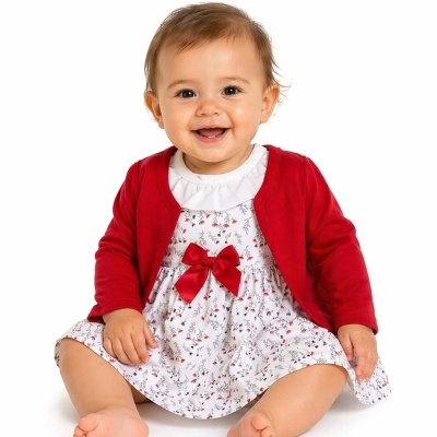 Bebé sorridente com vestido branco floral e casaco vermelho sentada