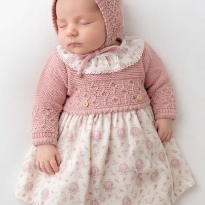 Bebé dormindo com roupa rosa e vestido branco com balões cor de rosa