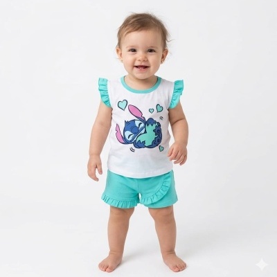 Conjunto de roupa infantil azul e branco com personagem estampada