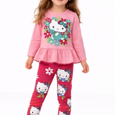Roupa infantil com camisola rosa e leggings vermelhas estampadas com Hello Kitty e flores