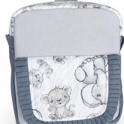 Mochila infantil cinza com estampa de ursinhos e detalhe azul