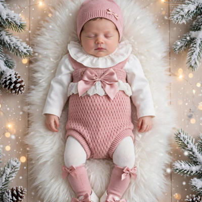 Bebé dormindo com roupa rosa e branca, gorro e meias com laços, sobre pele branca macia numa cena com pinheiros e neve artificial.