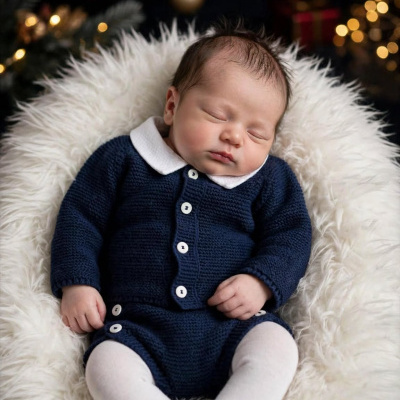 Bebé adormecido vestido com conjunto de malha azul escuro sentado em almofada felpuda branca com decoração de Natal ao fundo