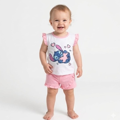 Bebé com conjunto de verão branco e rosa com estampa Stitch