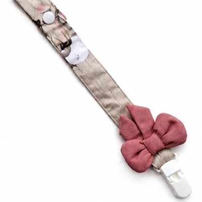 Prendedor de chupeta de tecido com laço rosa e clip branco