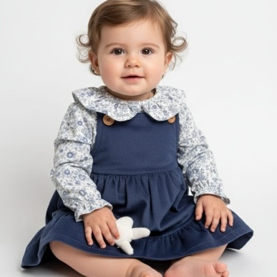 Bebé com vestido azul escuro e camisa floral sentada segurando brinquedo branco