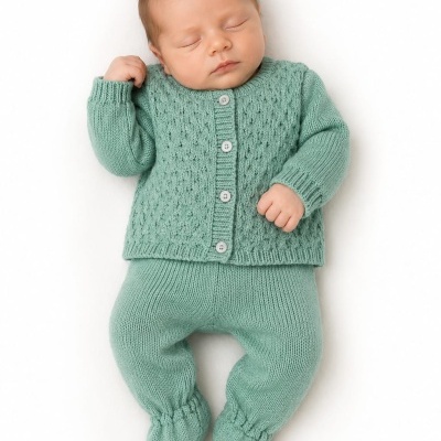 Bebé a dormir com roupa de malha verde claro.