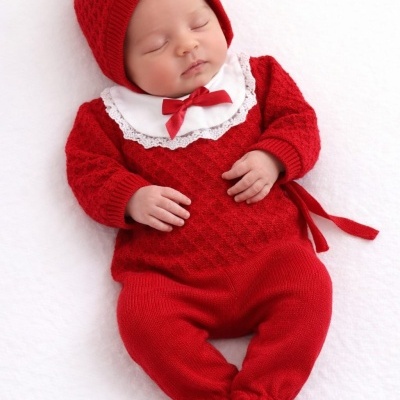 Bebé a dormir vestido com roupa de malha vermelha com gola branca e laço vermelho.