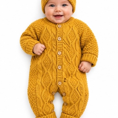 Bebé com fato de malha amarelo mostarda com botões e gorro com pompom