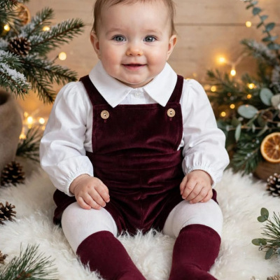 Bebé com roupa de veludo vinho sentado em tapete branco e decoração de Natal