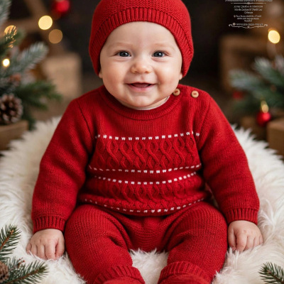 Bebé sorridente vestido com conjunto vermelho de malha e gorro com pompom, em ambiente decorado com elementos natalícios.