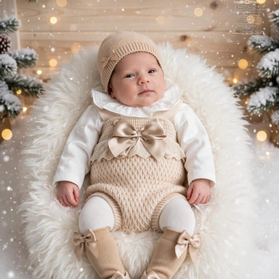Bebé vestido com conjunto creme de malha com laços castanhos, a reclinar em almofada branca felpuda com fundo de pinheiros com neve.