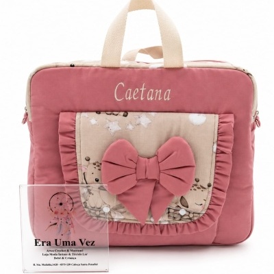 Mala rosa com laço e nome bordado Caetana