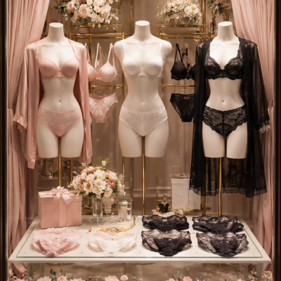 Manequins com lingerie de renda rosa, branca e preta em vitrine decorada com flores