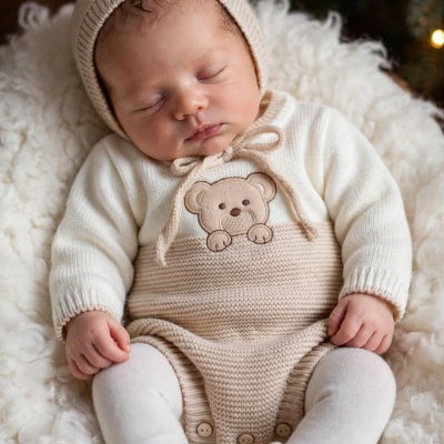 Bebé vestido com conjunto de lã bege e branco com aplique de urso, deitado sobre manta branca peluda em ambiente com luzes.