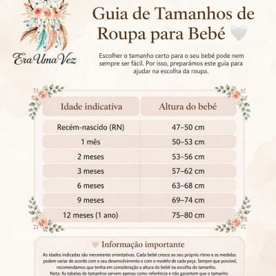 Guia de tamanhos de roupa para bebé com tabela de idades e alturas em centímetros