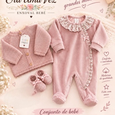 Conjunto de bebé rosa com casaco de malha, babygrow com folho floral e carapins em fundo decorativo com flores.