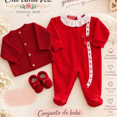 Conjunto de roupa de bebé vermelho com casaco, babygrow com renda e sapatinhos carapins ao lado de flores brancas e texto promocional.
