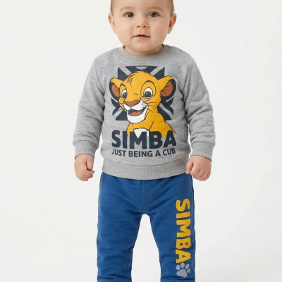 Bebé vestido com sweatshirt cinza e pantalonas azuis Simba