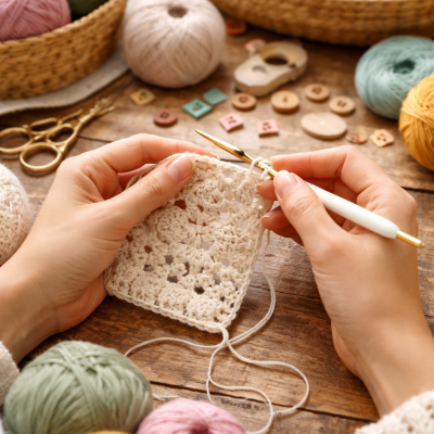 Mãos a fazer croché com gancho e fios de lã coloridos em mesa de madeira com botões e tesoura.