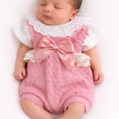 Bebé deitado com roupa rosa de malha e laço de cetim cor de rosa.