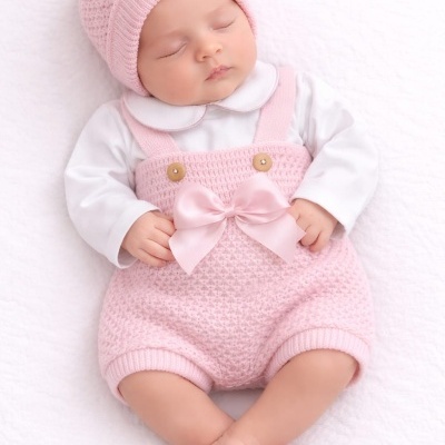 Bebé dormindo vestido com touca e jardineiras cor-de-rosa e camisa branca.
