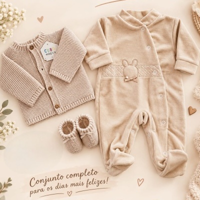 Conjunto de bebé bege com macacão, camisola de malha e sapatinhos sobre fundo creme com flores e texto promocional