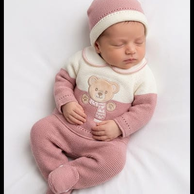 Bebé a dormir com macacão rosa e branco com ursinho bordado e gorro combinando