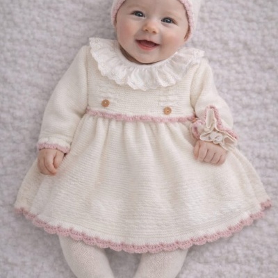 Bebé com vestido e touca de malha creme com detalhes rosa e folho branco sorrindo
