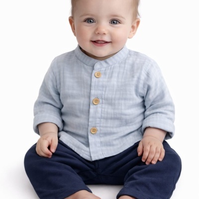 Bebé com camisa azul claro e calças azul marinho sentado