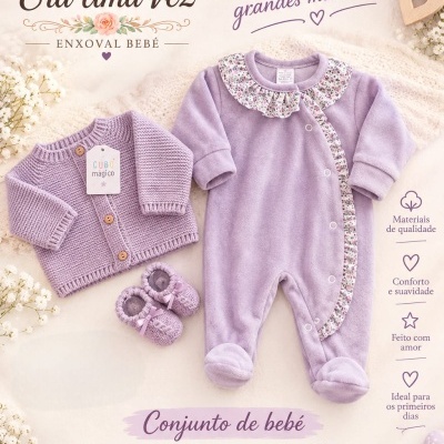 Conjunto de roupa de bebé lilás com casaco, babygrow com folho floral e carapins