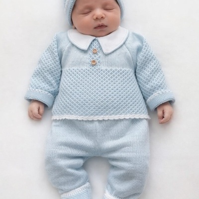 Bebé com fato de malha azul clara e chapéu a dormir