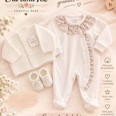 Conjunto de bebé com casaco branco, babygrow com folho floral e carapins brancos